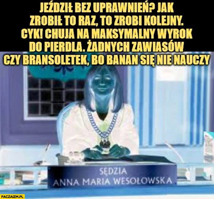 
    Evil sędzia sąd jeździł bez uprawnień? Maksymalny wyrok do pierdla bez żadnych zawiasów bo banan się nie nauczy