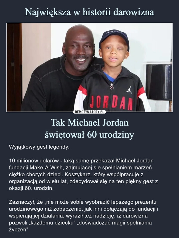 
    Największa w historii darowizna Tak Michael Jordan
świętował 60 urodziny