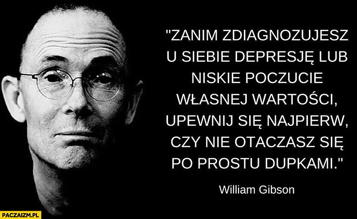 
    Zanim zdiagnozujesz u siebie depresję lub niskie poczucie własnej wartości upewnij się najpierw czy nie otaczasz się po prostu dupkami William Gibson