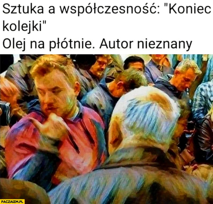 
    Sztuka a współczesność koniec kolejki Kaczyński w lokalu wyborczym wybory olej na płótnie autor nieznany