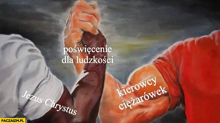 
    Poświęcenie dla ludzkości Jezus Chrystus kierowcy ciężarówek sztama trzymają się za rękę