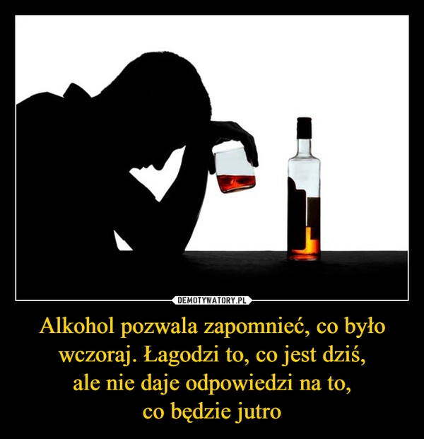 
    Alkohol pozwala zapomnieć, co było wczoraj. Łagodzi to, co jest dziś,
ale nie daje odpowiedzi na to,
co będzie jutro