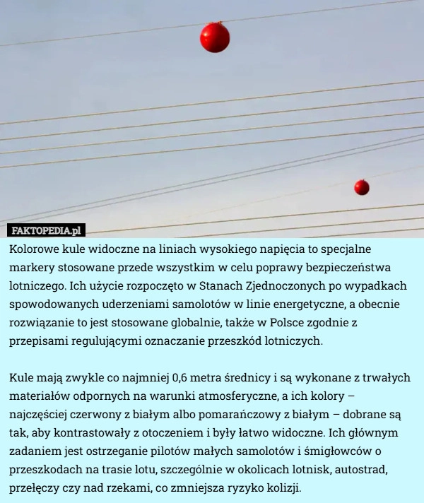 
    Kolorowe kule widoczne na liniach wysokiego napięcia to specjalne markery