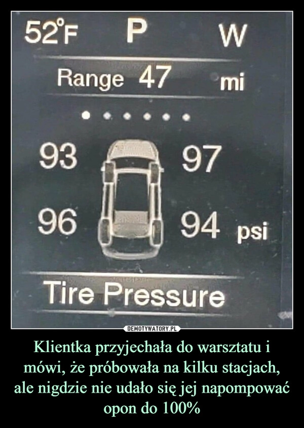 
    
Klientka przyjechała do warsztatu i mówi, że próbowała na kilku stacjach, ale nigdzie nie udało się jej napompować opon do 100% 