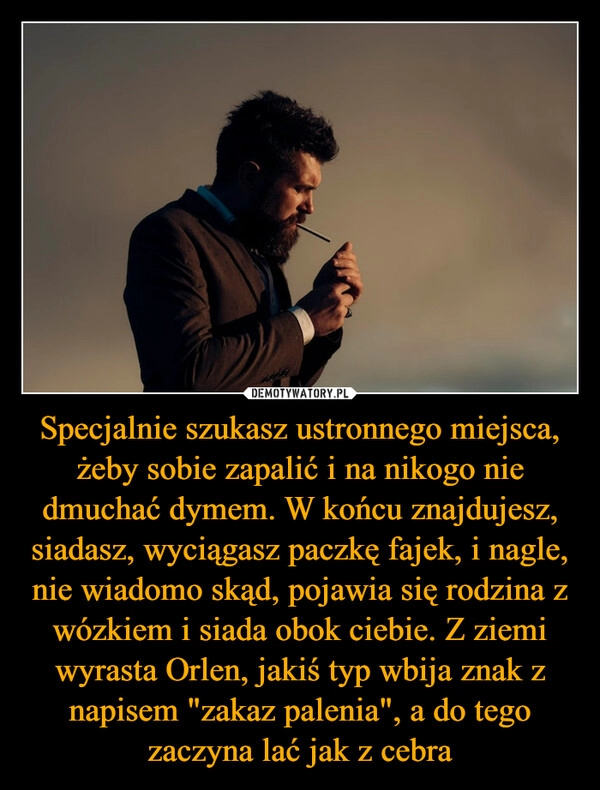 
    Specjalnie szukasz ustronnego miejsca, żeby sobie zapalić i na nikogo nie dmuchać dymem. W końcu znajdujesz, siadasz, wyciągasz paczkę fajek, i nagle, nie wiadomo skąd, pojawia się rodzina z wózkiem i siada obok ciebie. Z ziemi wyrasta Orlen, jakiś typ wbija znak z napisem "zakaz palenia", a do tego zaczyna lać jak z cebra