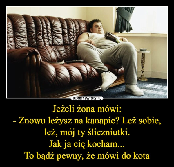 
    Jeżeli żona mówi:
- Znowu leżysz na kanapie? Leż sobie, leż, mój ty śliczniutki.
Jak ja cię kocham...
To bądź pewny, że mówi do kota