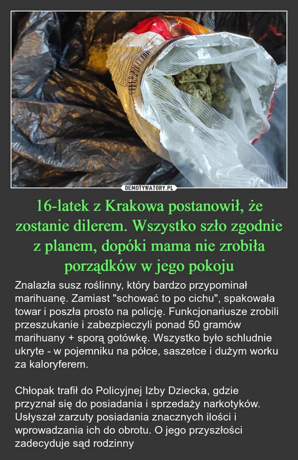 
    16-latek z Krakowa postanowił, że zostanie dilerem. Wszystko szło zgodnie z planem, dopóki mama nie zrobiła porządków w jego pokoju