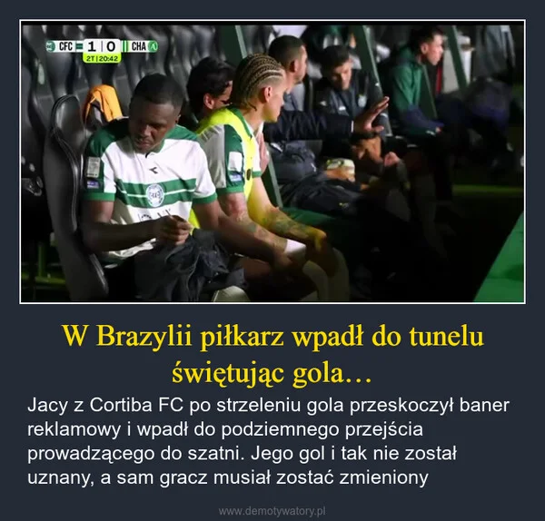 W Brazylii piłkarz wpadł do tunelu świętując gola…