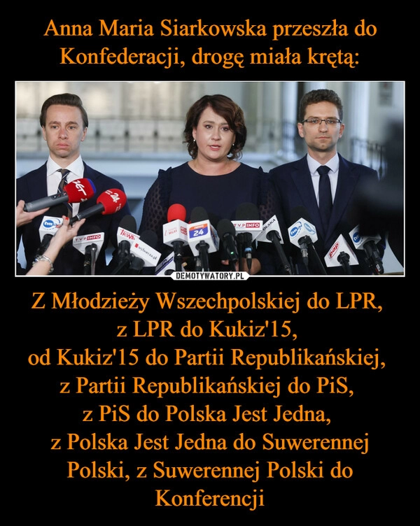 
    Anna Maria Siarkowska przeszła do Konfederacji, drogę miała krętą: Z Młodzieży Wszechpolskiej do LPR, 
z LPR do Kukiz'15, 
od Kukiz'15 do Partii Republikańskiej, 
z Partii Republikańskiej do PiS, 
z PiS do Polska Jest Jedna, 
z Polska Jest Jedna do Suwerennej Polski, z Suwerennej Polski do Konferencji