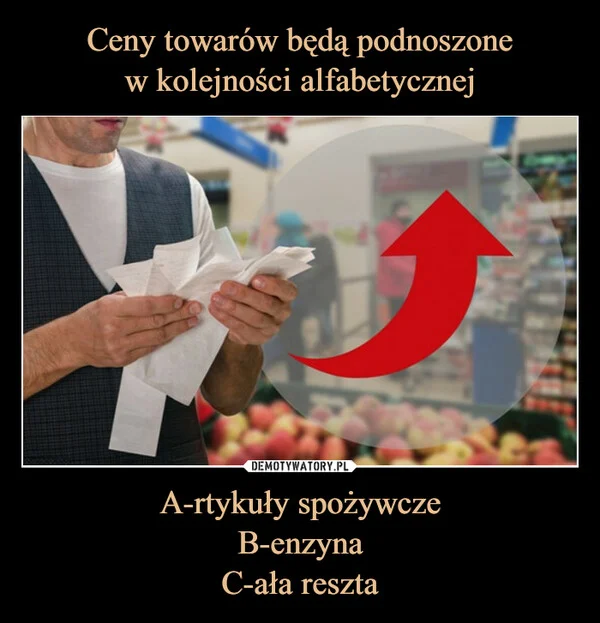 
    Ceny towarów będą podnoszone w kolejności alfabetycznej A-rtykuły spożywcze B-enzyna C-ała reszta