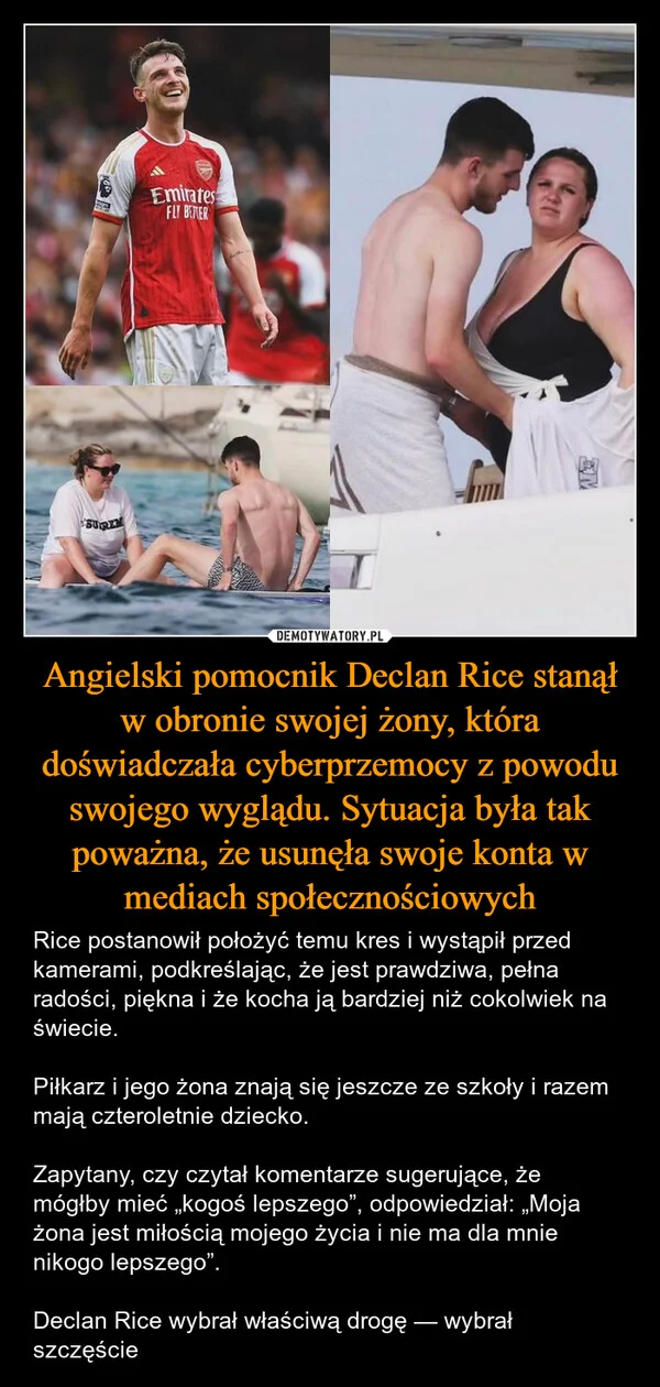 
    Angielski pomocnik Declan Rice stanął w obronie swojej żony, która doświadczała cyberprzemocy z powodu swojego wyglądu. Sytuacja była tak poważna, że usunęła swoje konta w mediach społecznościowych