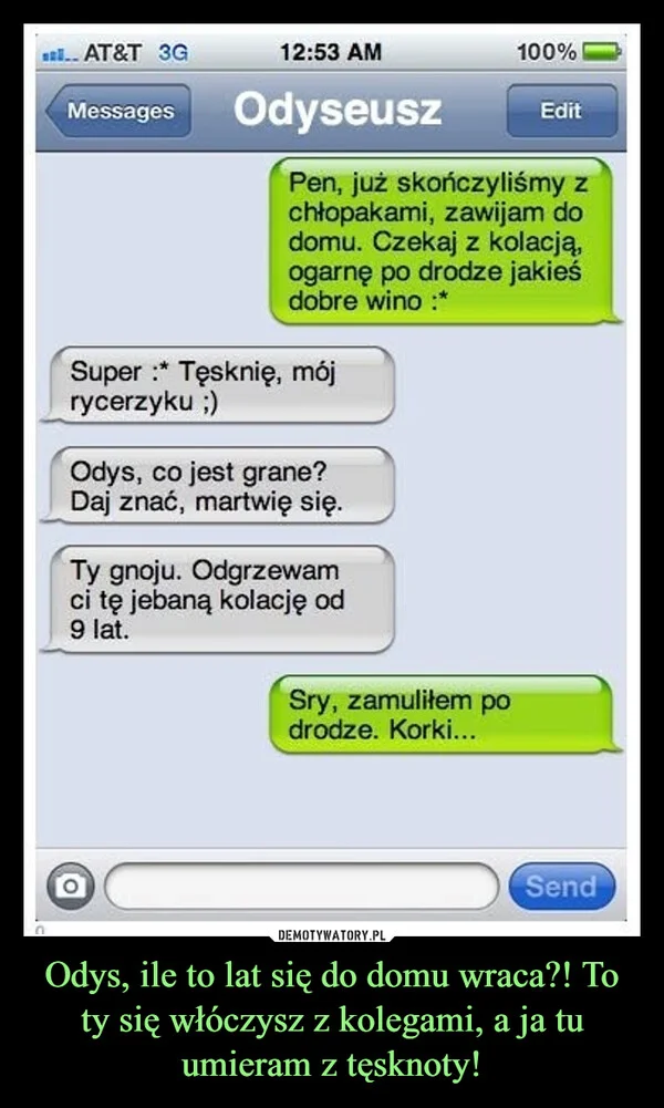
    Odys, ile to lat się do domu wraca?! To ty się włóczysz z kolegami, a ja tu umieram z tęsknoty!