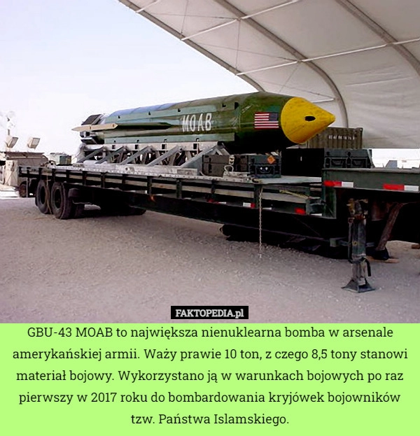 
    GBU-43 MOAB to największa nienuklearna bomba w arsenale amerykańskiej armii.