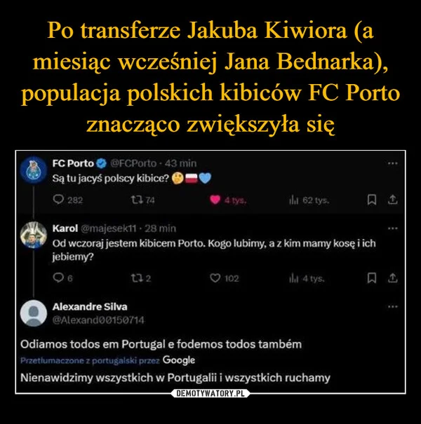 
    Po transferze Jakuba Kiwiora (a miesiąc wcześniej Jana Bednarka), populacja polskich kibiców FC Porto znacząco zwiększyła się