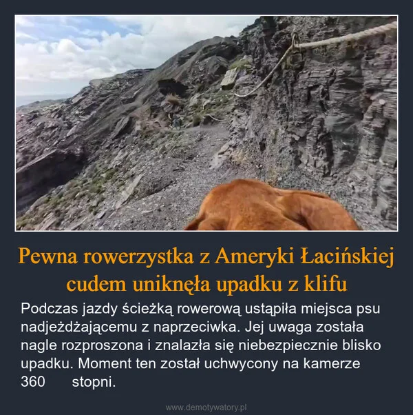 
    Pewna rowerzystka z Ameryki Łacińskiej cudem uniknęła upadku z klifu