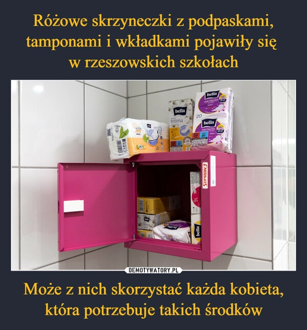 
    Różowe skrzyneczki z podpaskami, tamponami i wkładkami pojawiły się 
w rzeszowskich szkołach Może z nich skorzystać każda kobieta, która potrzebuje takich środków