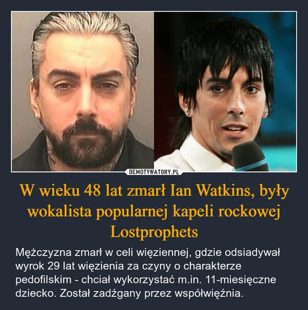 
    W wieku 48 lat zmarł Ian Watkins, były wokalista popularnej kapeli rockowej Lostprophets
