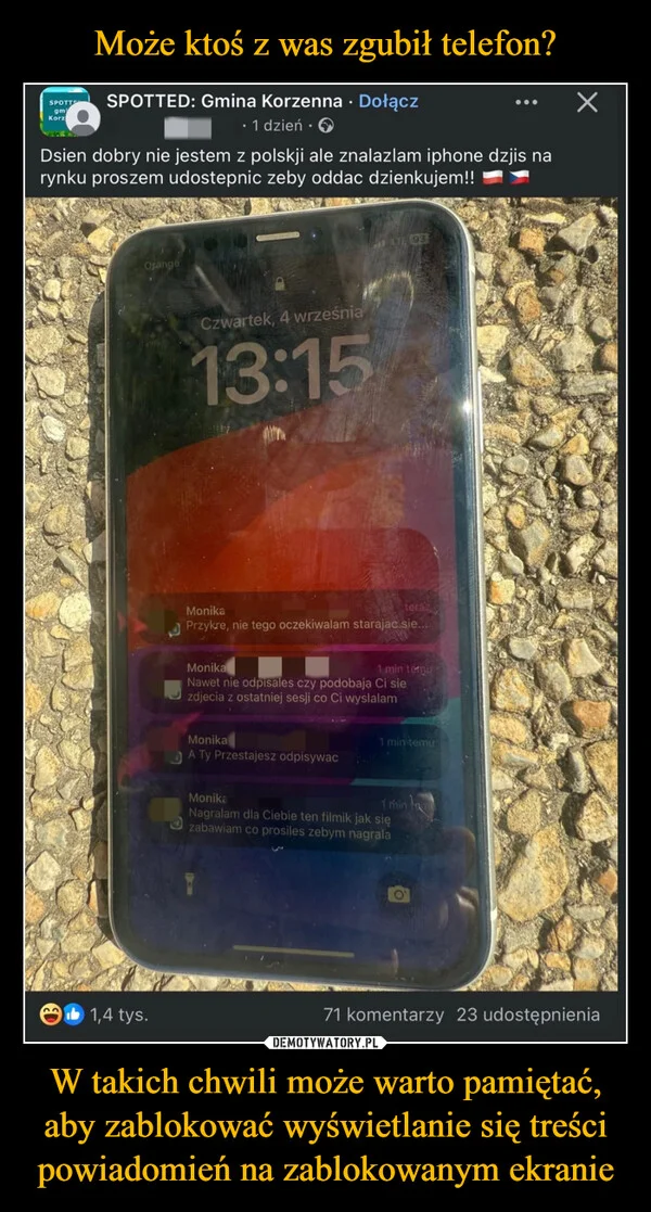 
    Może ktoś z was zgubił telefon? W takich chwili może warto pamiętać, aby zablokować wyświetlanie się treści powiadomień na zablokowanym ekranie