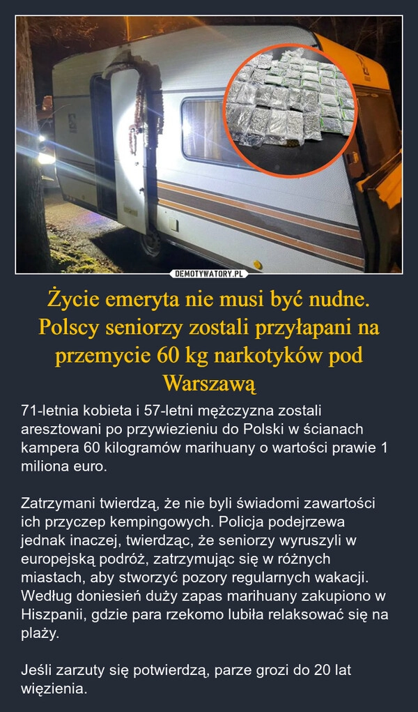 
    Życie emeryta nie musi być nudne. Polscy seniorzy zostali przyłapani na przemycie 60 kg narkotyków pod Warszawą