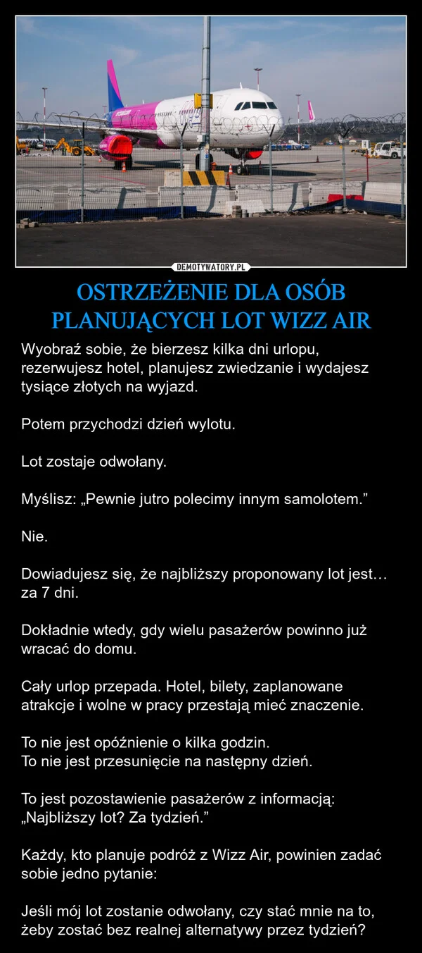 OSTRZEŻENIE DLA OSÓB PLANUJĄCYCH LOT WIZZ AIR