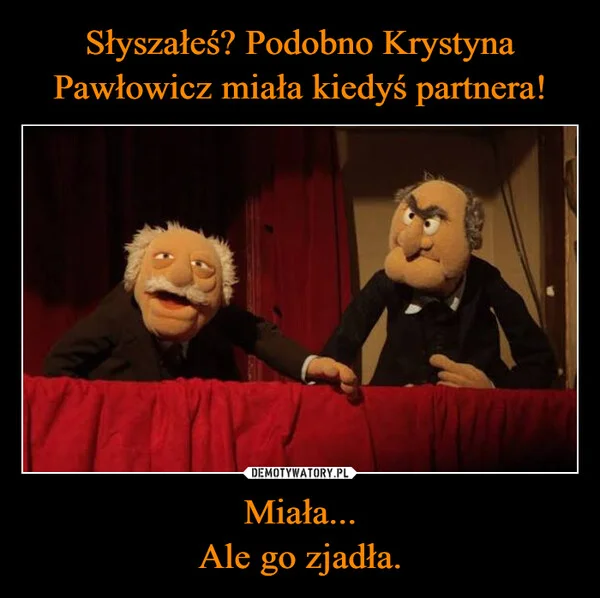 
    Słyszałeś? Podobno Krystyna Pawłowicz miała kiedyś partnera! Miała... Ale go zjadła.