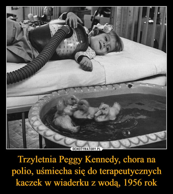 
    Trzyletnia Peggy Kennedy, chora na polio, uśmiecha się do terapeutycznych kaczek w wiaderku z wodą, 1956 rok