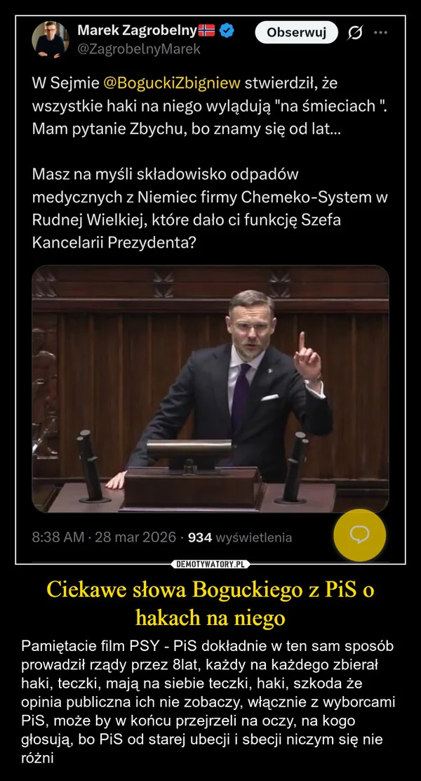 
    Ciekawe słowa Boguckiego z PiS o hakach na niego