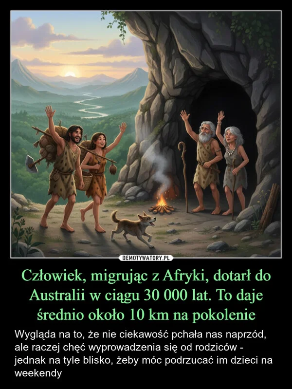 
    Człowiek, migrując z Afryki, dotarł do Australii w ciągu 30 000 lat. To daje średnio około 10 km na pokolenie