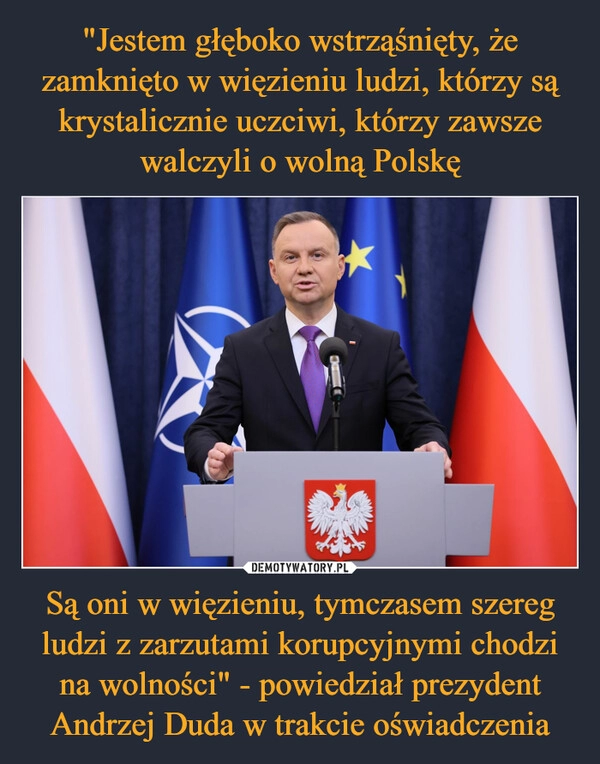 
    "Jestem głęboko wstrząśnięty, że zamknięto w więzieniu ludzi, którzy są krystalicznie uczciwi, którzy zawsze walczyli o wolną Polskę Są oni w więzieniu, tymczasem szereg ludzi z zarzutami korupcyjnymi chodzi na wolności" - powiedział prezydent Andrzej Duda w trakcie oświadczenia