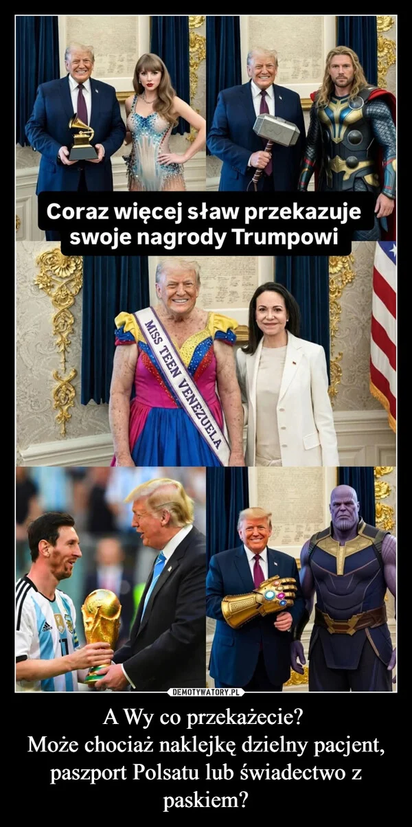 
    A Wy co przekażecie? Może chociaż naklejkę dzielny pacjent, paszport Polsatu lub świadectwo z paskiem?