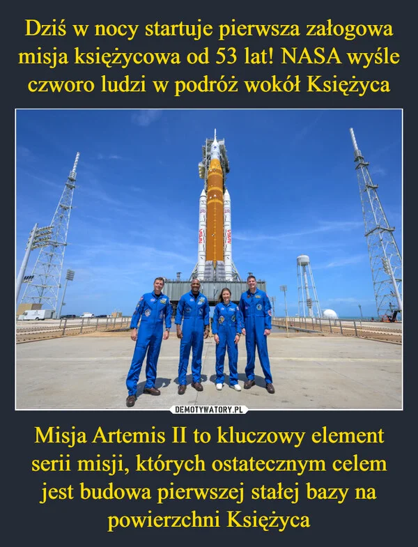 
    Dziś w nocy startuje pierwsza załogowa misja księżycowa od 53 lat! NASA wyśle czworo ludzi w podróż wokół Księżyca Misja Artemis II to kluczowy element serii misji, których ostatecznym celem jest budowa pierwszej stałej bazy na powierzchni Księżyca