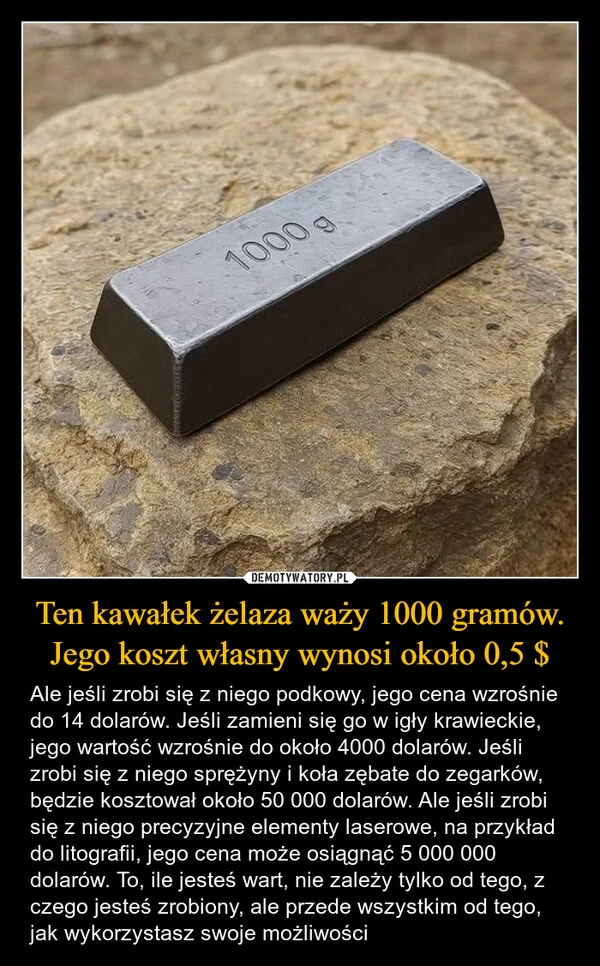 
    Ten kawałek żelaza waży 1000 gramów. Jego koszt własny wynosi około 0,5 $