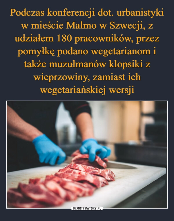 
    Podczas konferencji dot. urbanistyki w mieście Malmo w Szwecji, z udziałem 180 pracowników, przez pomyłkę podano wegetarianom i także muzułmanów klopsiki z wieprzowiny, zamiast ich wegetariańskiej wersji