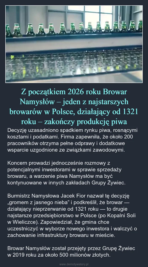 
    Z początkiem 2026 roku Browar Namysłów – jeden z najstarszych browarów w Polsce, działający od 1321 roku – zakończy produkcję piwa