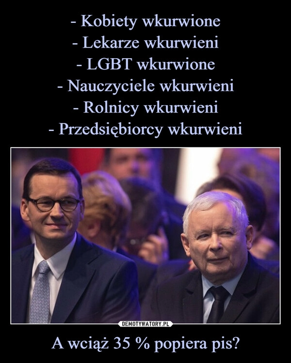 
    - Kobiety wkurwione
- Lekarze wkurwieni
- LGBT wkurwione
- Nauczyciele wkurwieni
- Rolnicy wkurwieni
- Przedsiębiorcy wkurwieni A wciąż 35 % popiera pis?