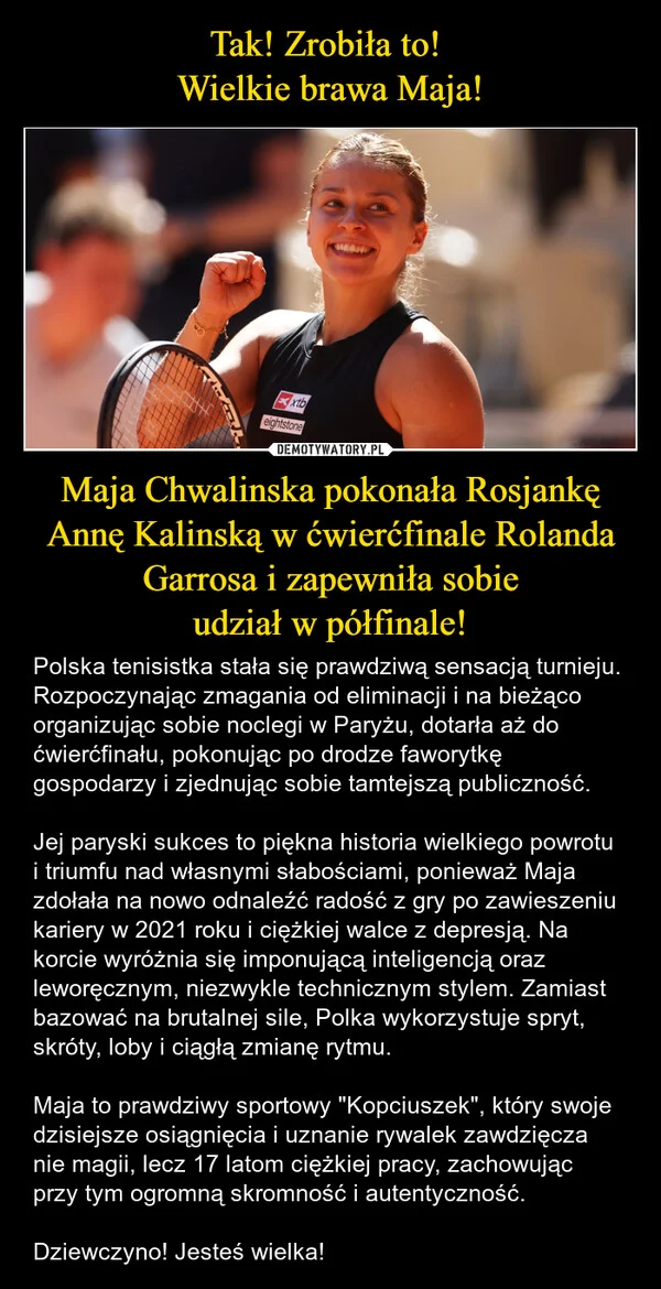 Tak! Zrobiła to! Wielkie brawa Maja! Maja Chwalinska pokonała Rosjankę Annę Kalinską w ćwierćfinale Rolanda Garrosa i zapewniła sobie udział w półfinale!