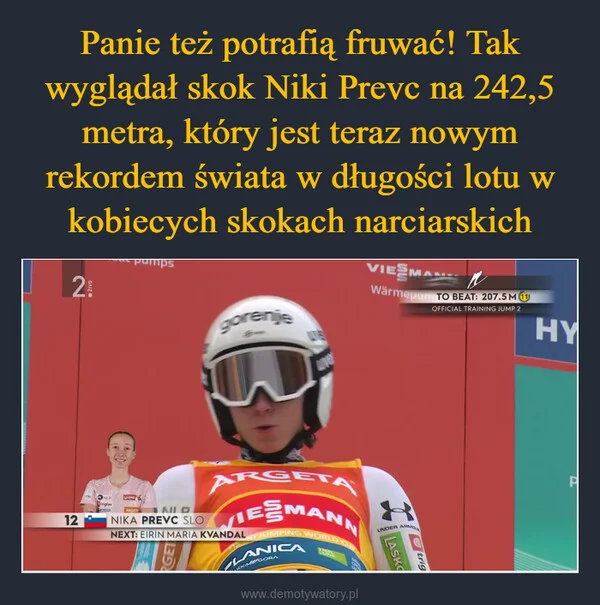 
    Panie też potrafią fruwać! Tak wyglądał skok Niki Prevc na 242,5 metra, który jest teraz nowym rekordem świata w długości lotu w kobiecych skokach narciarskich