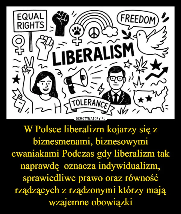 
    W Polsce liberalizm kojarzy się z biznesmenami, biznesowymi cwaniakami Podczas gdy liberalizm tak naprawdę oznacza indywidualizm, sprawiedliwe prawo oraz równość rządzących z rządzonymi którzy mają wzajemne obowiązki