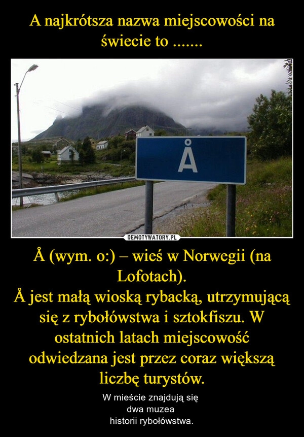 
    A najkrótsza nazwa miejscowości na świecie to ....... Å (wym. o:) – wieś w Norwegii (na Lofotach).
Å jest małą wioską rybacką, utrzymującą się z rybołówstwa i sztokfiszu. W ostatnich latach miejscowość odwiedzana jest przez coraz większą liczbę turystów.