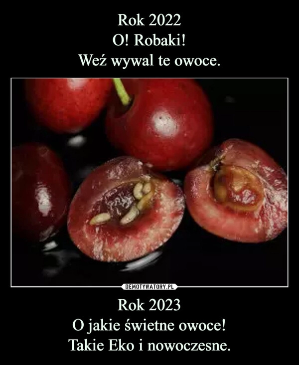 
    Rok 2022
O! Robaki!
Weź wywal te owoce. Rok 2023
O jakie świetne owoce!
Takie Eko i nowoczesne.