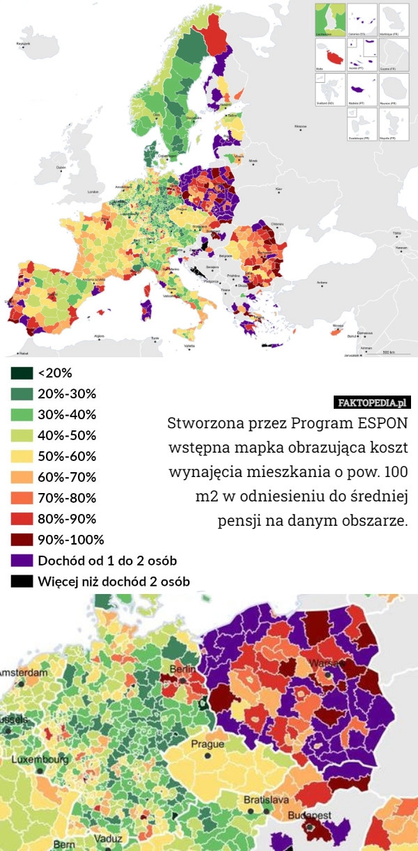 
    Stworzona przez Program ESPON wstępna mapka obrazująca koszt wynajęcia mieszkania