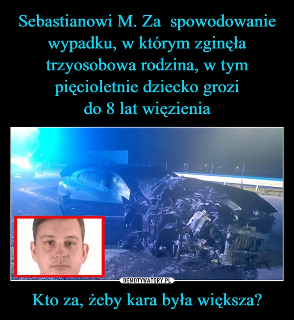 
    Sebastianowi M. Za  spowodowanie wypadku, w którym zginęła trzyosobowa rodzina, w tym pięcioletnie dziecko grozi
do 8 lat więzienia Kto za, żeby kara była większa?