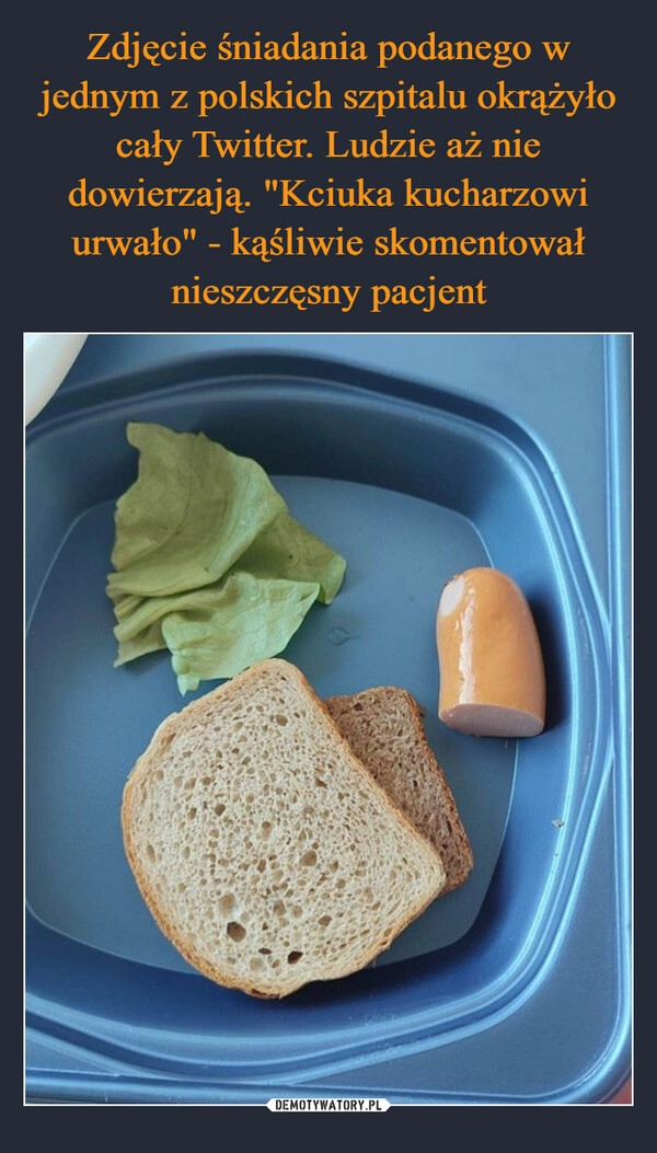 
    Zdjęcie śniadania podanego w jednym z polskich szpitalu okrążyło cały Twitter. Ludzie aż nie dowierzają. "Kciuka kucharzowi urwało" - kąśliwie skomentował nieszczęsny pacjent