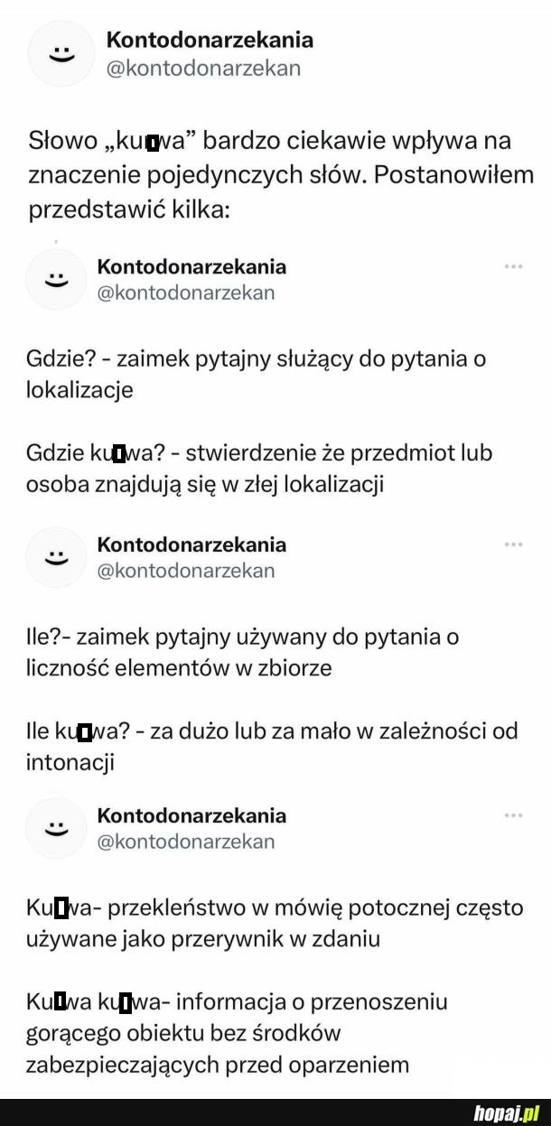 
    Słowo 'k..'wa' ciekawie wpływa na znaczenie pojedyńczych słów