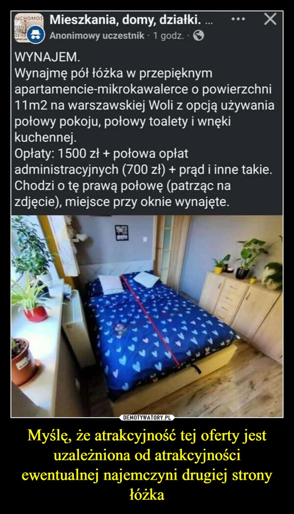 
    Myślę, że atrakcyjność tej oferty jest uzależniona od atrakcyjności ewentualnej najemczyni drugiej strony łóżka