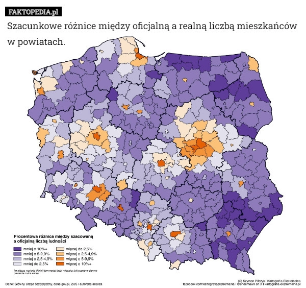 
    Szacunkowe różnice między oficjalną a realną liczbą mieszkańców w powiatach.