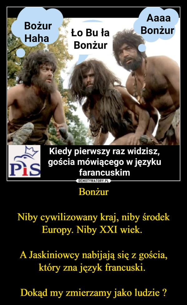 
    Bonżur

Niby cywilizowany kraj, niby środek Europy. Niby XXI wiek. 

A Jaskiniowcy nabijają się z gościa, który zna język francuski. 

Dokąd my zmierzamy jako ludzie ?