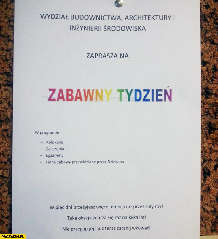 
    Wydział budownictwa architektury zaprasza na zabawny tydzień kolokwia zaliczenia egzaminy