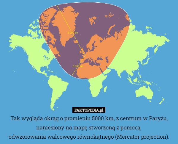 
    Tak wygląda okrąg o promieniu 5000 km, z centrum w Paryżu, naniesiony na