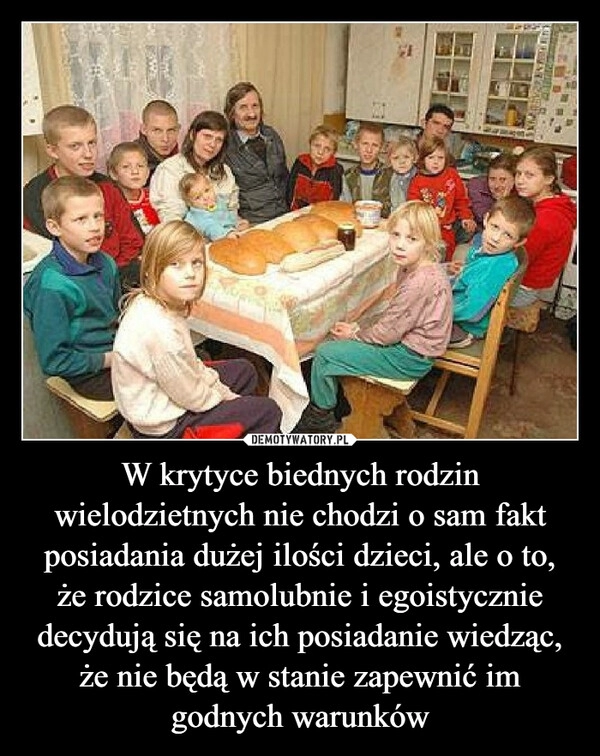 
    W krytyce biednych rodzin wielodzietnych nie chodzi o sam fakt posiadania dużej ilości dzieci, ale o to, że rodzice samolubnie i egoistycznie decydują się na ich posiadanie wiedząc, że nie będą w stanie zapewnić im godnych warunków